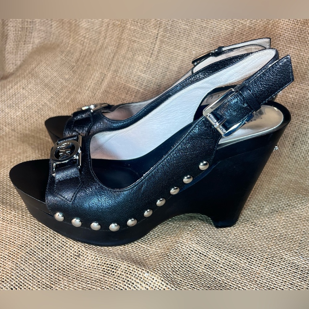Michael Kors Black Leather silver studded open toe Wedge sling back Sandals - Picture 4 of 7